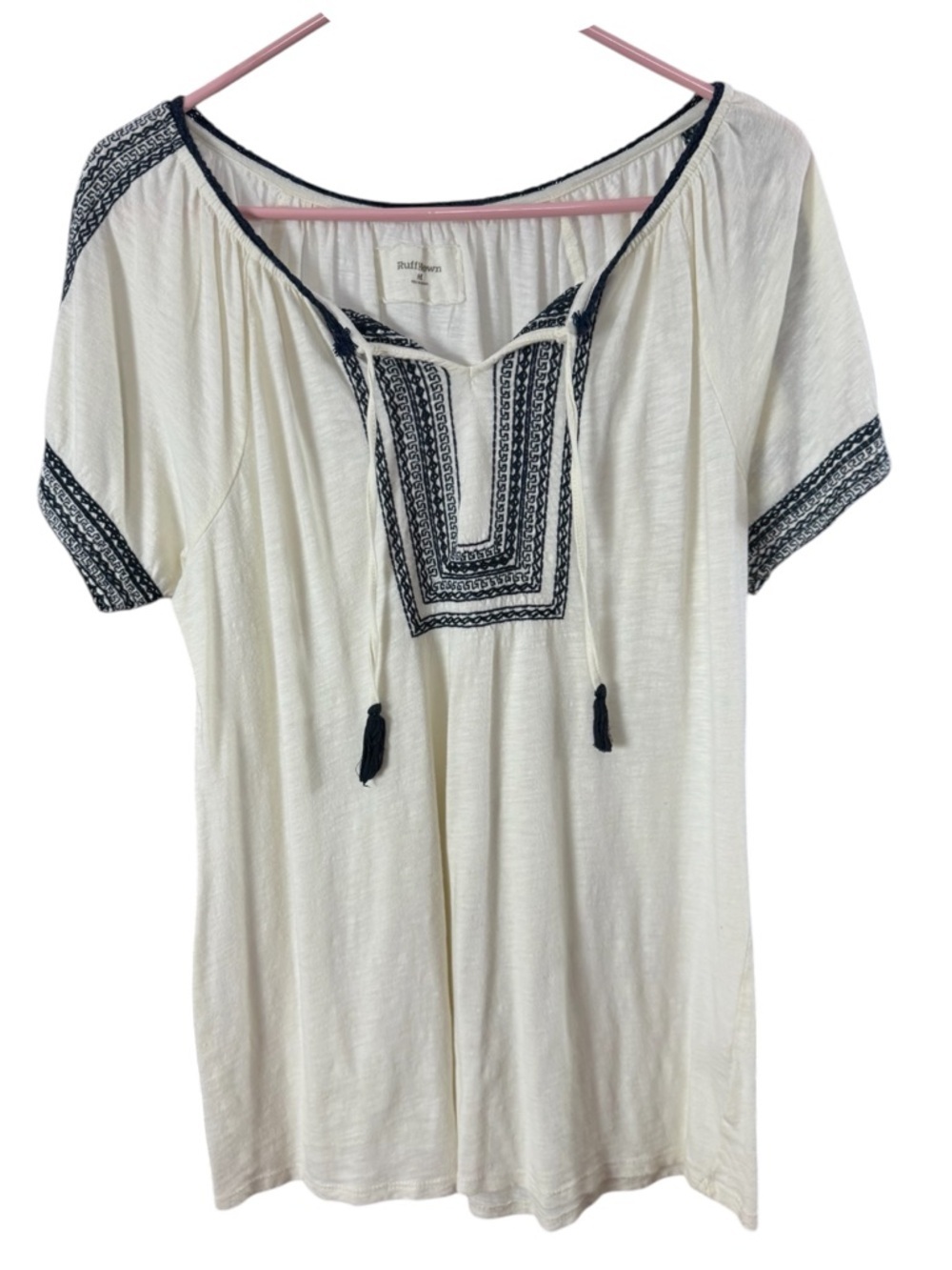 Ruff Hewn Boho Embroidered Tassel Top White Navy Size Medium